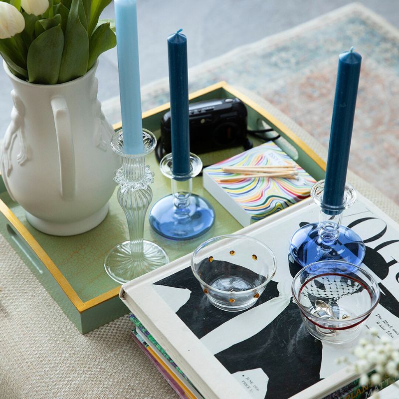 Blue Glass Candlestick and Glass Bowl