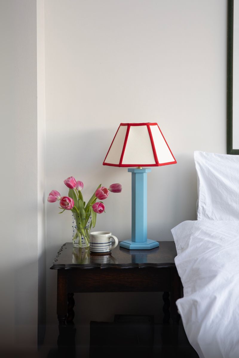 Blue Hexagon Table Lamp Red Lampshade