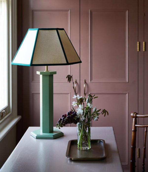 Issy Granger Medium Hexagon Cream, Green, Linen Lampshade. Shade. Table Lamp. Lighting Shade 