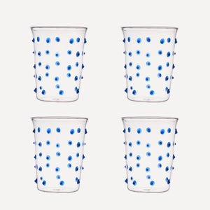 Issy Granger Glass. Set of 4 Glass tumbler. Spotty Blue Glass. Blue Pom Glass. Blue Dotty Water Glass. Set of four